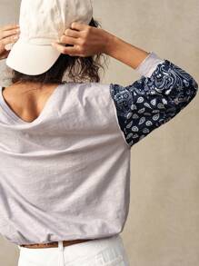 Bohemela 女士休闲针织拼布圆领 3/4 袖宽松 T 恤 - 灰色 - 查看 6