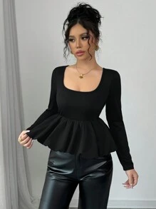 Chiquease تيشيرت كاجوال فضفاض بأكمام طويلة وياقة على شكل حرف U للنساء، ألوان سادة، خريفي - الأسود - مشاهدة 4