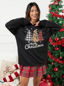 Mainfolk Unisex Knitted Loose Fit Crew Neck Sweatshirt With Christmas Tree Print, Suitable For Christmas - Black - View 1