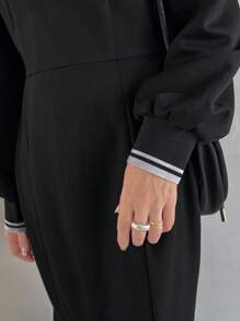 FRIFUL 女士条纹 Polo 领长袖 A 字形休闲针织毛衣连衣裙，适合秋冬季 - 黑色 - 查看 7