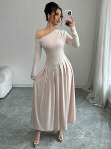 Elenzga 女士不对称荷叶边下摆长裙 - 杏色 - 查看 1