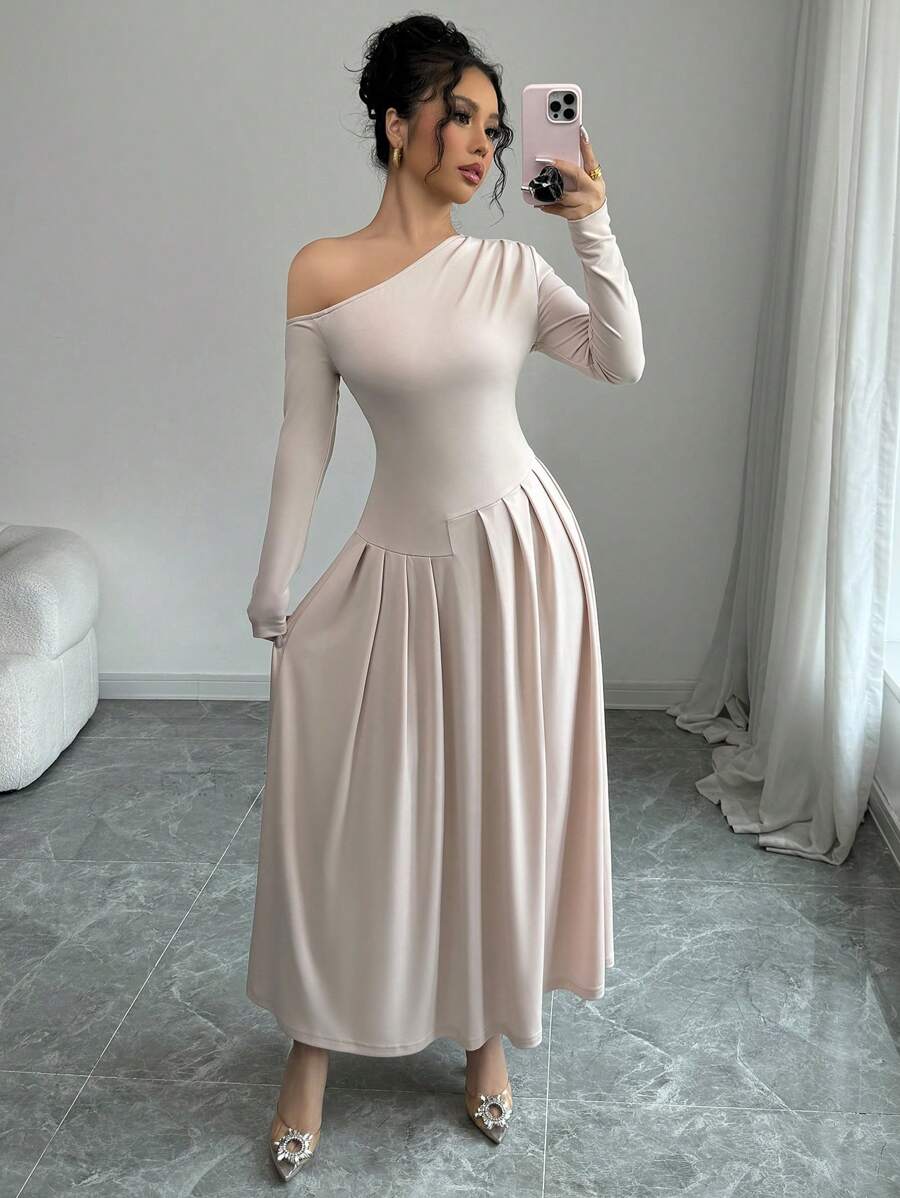 Elenzga 女士不对称荷叶边下摆长裙 - 杏色 - 查看 1