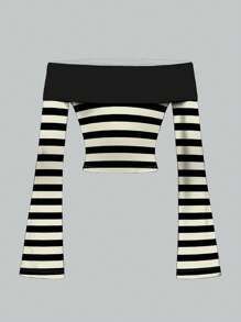 Le freak c est chic Artist Women's Fashionable Striped Print Sexy Off Shoulder Long Sleeve T-Shirt, Graphic Tee, Suitable For Party And Going Out, Vacation, Spring, Festival, Ibiza Fits, Western Wear - Multicolor - View 2