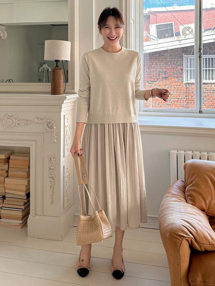 Women's Solid Color Round Neck Pleated Elegant Long Sleeve Sweater Dress,Back To School Clothes