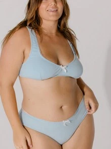 Aralina Curve Soft Blue Contrast Scallop Trim Rib Lingerie Bralette Set