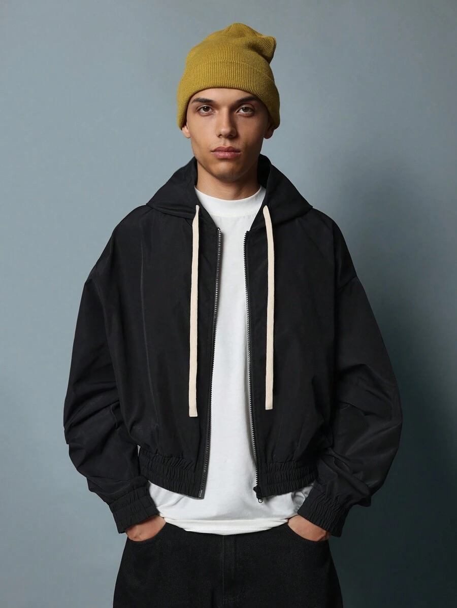 SUMWON Cropped Hooded Bomber Windbreaker Athletic Jacket With Contrast ...