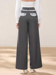 EastFlair Women's Grey Casual Elegant Lace Panel Loose Wide-Leg Pants, Christmas Clothing, Winter Wear - Grey - View 2