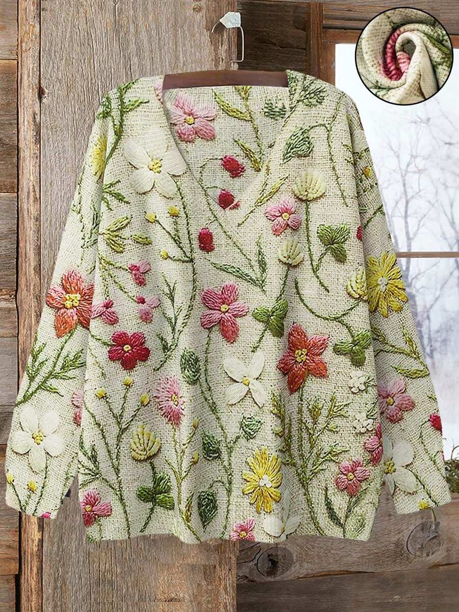 Women Plus Size V-Neck Flower Pattern Allover Print Elegant Casual Pullover Sweater, For Winter Knit Pullover Fall - Multicolor - View 1