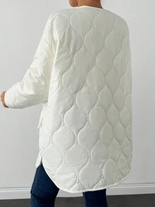 EURMUSE Women's Solid Color Pocket Round Neck Simple Fashionable Casual Daily Jacket, Winter - Cream - View 2