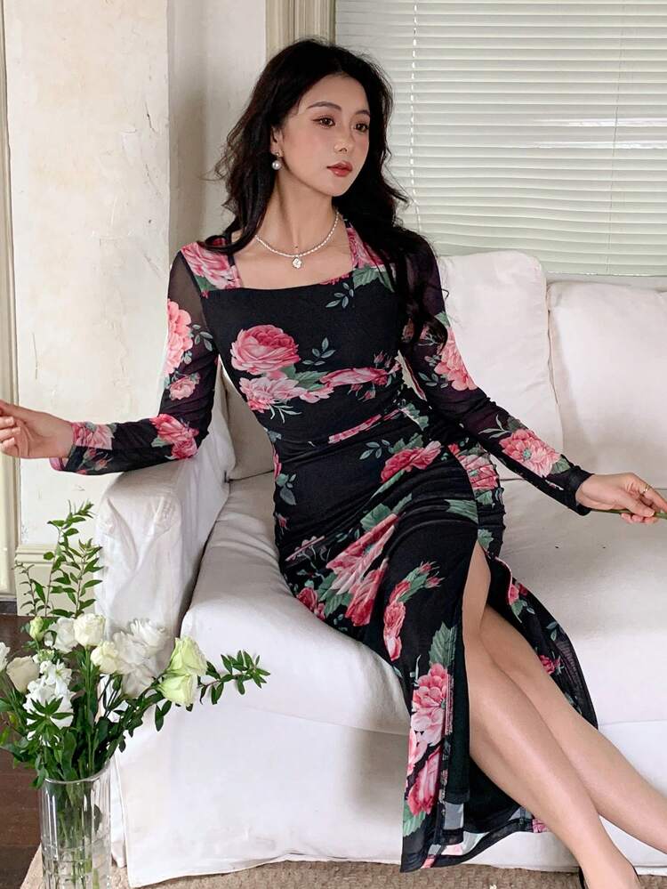 Women's Ditsy Floral Mid-Length Dress, Spring/Fall, Suitable For Valentine's Day Long Sleeve Dress
