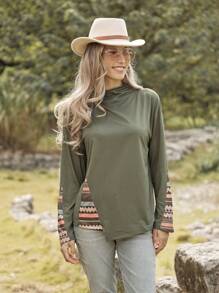 LanaWest Camiseta de Manga Longa com Decote Barco, Listrada e em Patchwork, de Uso Casual, para Uso Diário - Verde - Visão 4