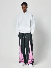 ROMWE MEN Street Life Men's Casual Colorblock Star Print Zipper Design Drawstring Waist Baggy Sweatpants - Black - View 2