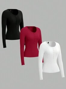 SHEIN EZwear 3pcs Plus Size Women Plain Color Knitted Button Half-Placket Long Sleeve Casual T-Shirts, Autumn/Winter