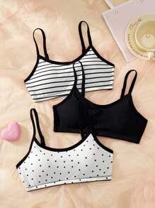 3pcs/Set Teen Girl Solid Color, Stripe And Polka Dot Print Casual Lingerie Set