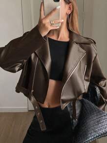 DAZY 女士宽松休闲机车风PU皮夹克，长袖，秋季服装 - 棕色 - 查看 4