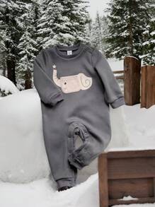 SHEIN Leap Crew Bộ đồ liền thân dài tay dệt kim mềm mại cổ tròn in hình voi dễ thương cho bé trai/bé gái màu xám dày, thích hợp mặc ở nhà, đi chơi, đa năng và thời trang cho mùa thu/đông - Xám - Xem 9