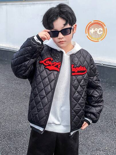 SHEIN Tween Boys' Casual Korean Style Letter Print Baseball Collar Zip-Up Padded Warm Fleece Coat, Winter Quilted Outerwear