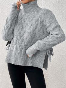 Chiquease Women High Neck Loose Knitted Long Sleeve Sweater Top With Split And Tie Design, Versatile Pullover Sweater, Autumn/Winter Fall - Grey - View 1