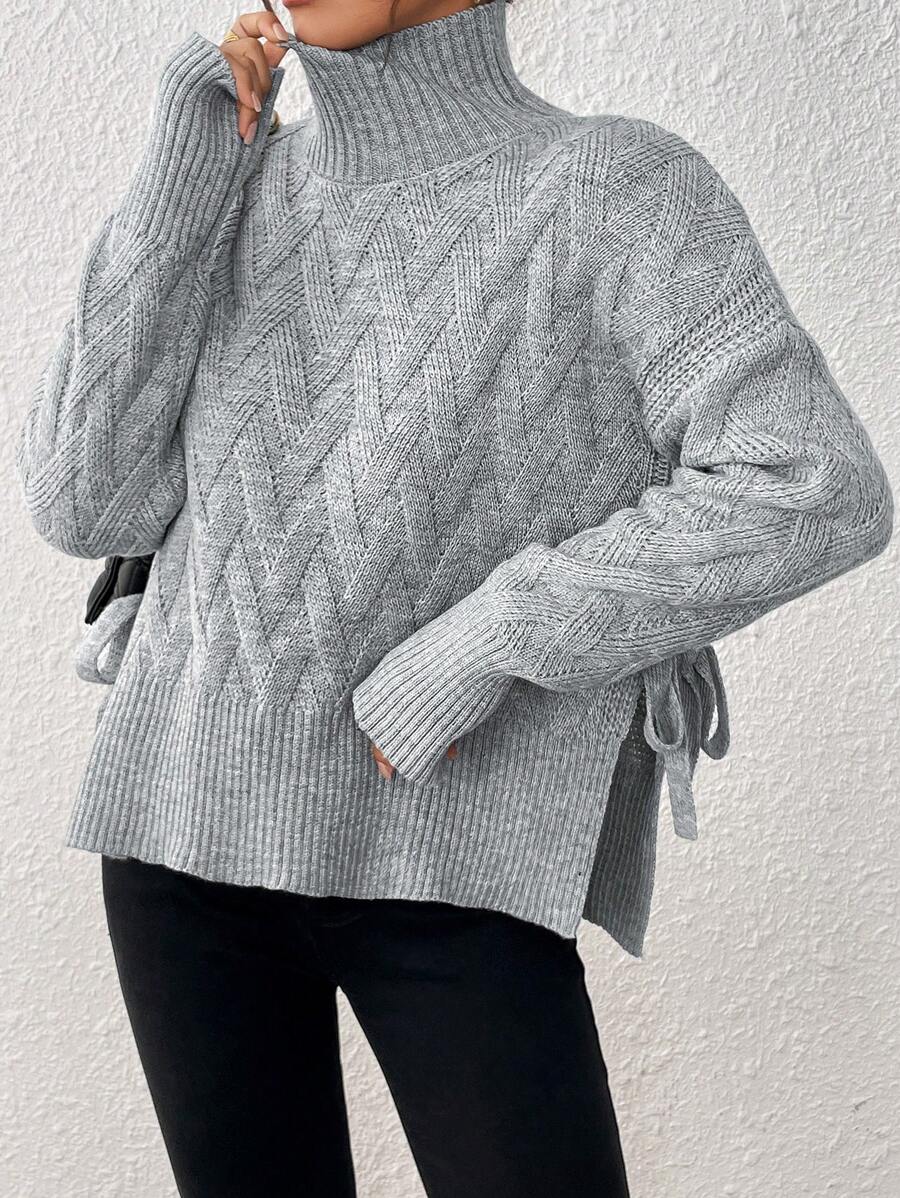 Chiquease Women High Neck Loose Knitted Long Sleeve Sweater Top With Split And Tie Design, Versatile Pullover Sweater, Autumn/Winter Fall - Grey - View 1