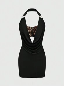 ROMWE Kawaii Conjunto a juego de top corto halter y falda con estampado de leopardo Y2K para mujer - Negro - Ver 1