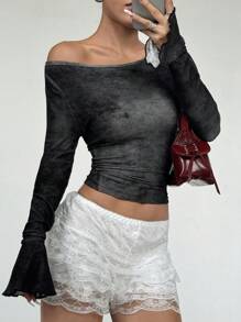 Flirla Boat Neck Flare Sleeve Distressed Fitted Women T-Shirt - Dark Grey - View 1