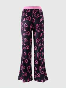 SHEIN Explorewe Pantaloni sportivi casual da ragazza adolescente per uso quotidiano, con vita elastica, stampa a cuori, pannelli in patchwork, gambe a zampa, pantaloni della tuta di moda per l'autunno e San Valentino - nero - Visualizzare 2