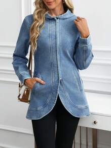 SHEIN LUNE Women's Front Zip Long Sleeve Pocket Simple Casual Denim Jacket - Blue - View 4