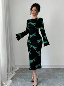 Selianne 女士动物豹纹印花圆领喇叭袖紧身毛衣连衣裙 - 綠色 - 查看 6