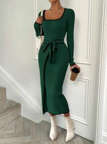 SHEIN Clasi 方领针织休闲紧身毛衣连衣裙