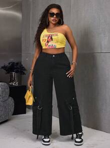 SHEIN SXY Plus Size Solid Color Front Button Pocket Simple Design Jeans, Casual Everyday Wear - Blue - View 2