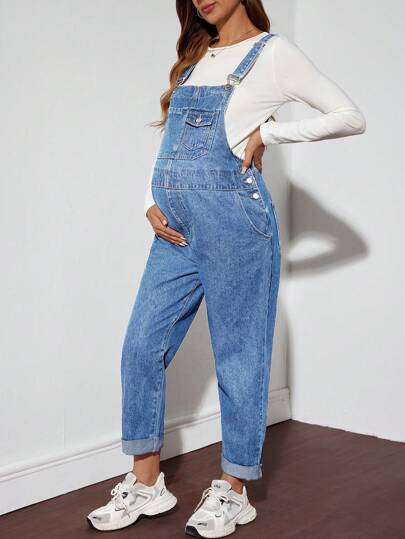 SHEIN Maternity Denim Overall Pants & Jumpsuit, Casual Loose Dungaree, Blue