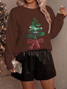 SHEIN Clasi Maglione casual da donna con collo a ciambella, decorato con albero di Natale e paillettes, adatto per Ognissanti, Capodanno, San Valentino, Ringraziamento, Natale, Pasqua, Festa Nazionale, Ballo di fine anno e altre occasioni, maglia lavorata a maglia per l'autunno e l'inverno - Caffè Marrone - Visualizzare 5
