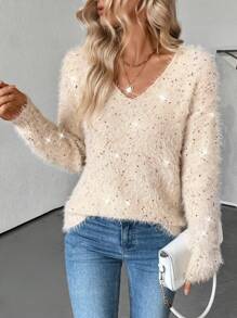Chiquease Women's Apricot V-Neck Sequins Mink Fur Thick Warm Pullover Sweater Knit Pullover Fall Winter - Apricot - View 5