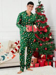 Manfinity VCAY 2pcs Unisex Velvet Long Sleeve Shirt And Straight Leg Pants Set, Suitable For Autumn/Winter, For Christmas - Green - View 4