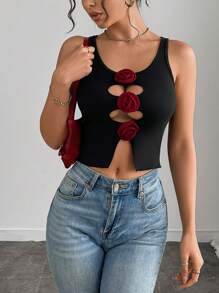 SHEIN Unity Camiseta sin tirantes con decoración floral versátil para mujeres, primavera/verano - Negro - Ver 3