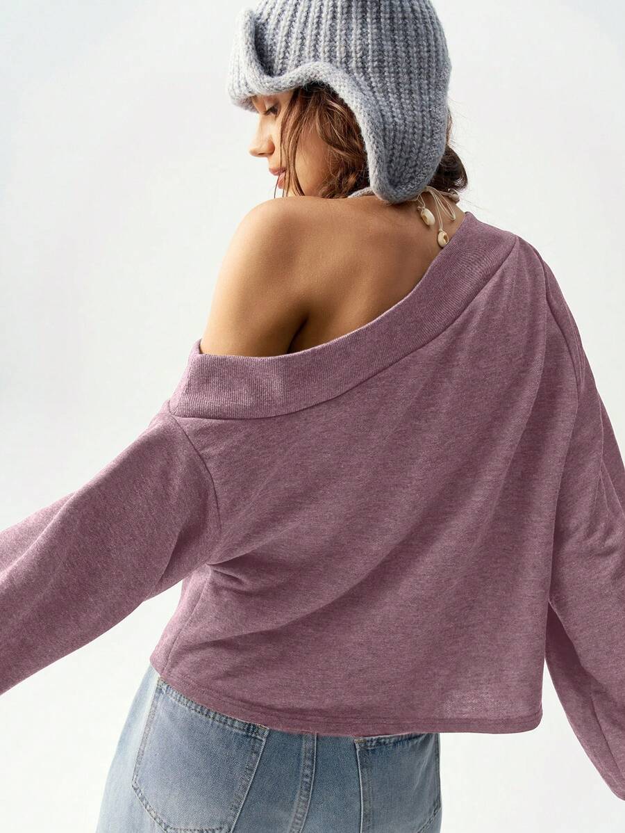Bohemela Vacation Solid Color Knit Loose Fit Asymmetrical Neck Long Sleeve Women Sweatshirt