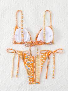 SHEIN Swim 女士花卉印花系带丁字裤比基尼套装，性感比基尼套装，适合度假和海滩，随机印花，夏季海滩 - 亮橙色 - 查看 2