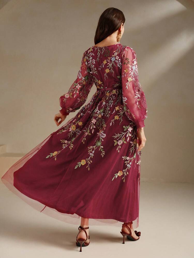 Abito donna stile francese elegante, maxi, color borgogna, con scollo a V, maniche a sbuffo in maglia ricamata