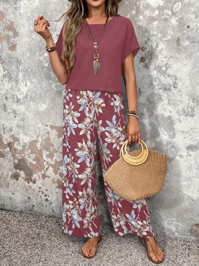 EMERY ROSE Women Solid Color Round Neck Short Sleeve Top And Flower Print Wide Leg Pants Set For Summer Two Pieces Outfits