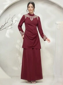 Graceveil Completo modesto con blusa a maniche lunghe con colletto alla coreana e pantaloni, con stampa floreale, in stile cheongsam antico