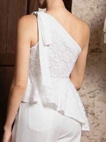 VERO DIAZ Designer Women's Business Casual Elegant White Lace Asymmetrical Neck Ruffled Hem Sexy Sleeveless Top, Going Out, Spring, Festival, Office - White - View 2