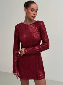 Aloruh Đầm dài thanh lịch hở lưng đính sequin sáng bóng màu trơn cho nữ, ngày lễ - Màu Đỏ Sâu - Xem 4