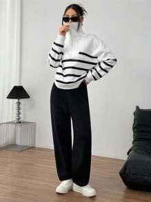 INAWLY 2pcs/Set Women Loose Casual Striped Plush Sweatshirt And Straight Leg Pants Suit - Black - View 4