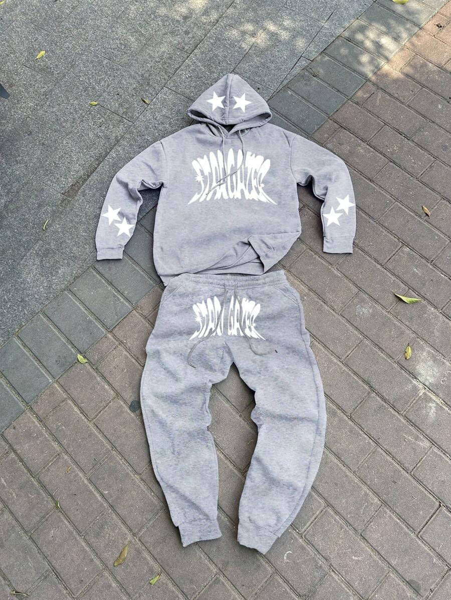 GENIUS ODE 男士休闲字母印花抽绳保暖连帽衫和裤子两件套，秋冬季设计师运动套装