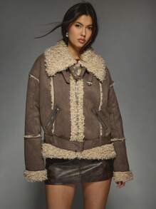 MISSGUIDED Premium Shearling Biker Jacket With Buckle Belt Winter Faux Fur Trim Warm Outerwear Aviator Style Fashion Coat - Brown - View 3