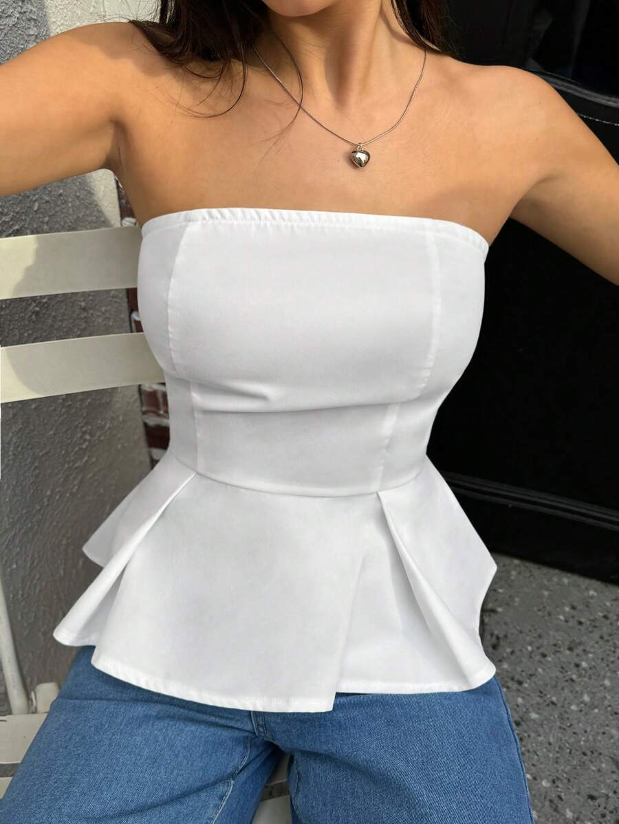 INAWLY 女士纯色抹胸简约休闲上衣，日常穿着