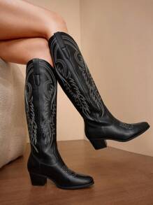 Daringsoles 2025 Spring & Autumn New Women's Plus Size Fashion Tall Embroidered Western Cowboy Boots, Over-The-Knee - Black - View 6