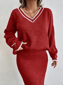 EURMUSE 2pcs Women Autumn/Winter Casual Color Block Trim Sweater And Mini Skirt Set - Red - View 4