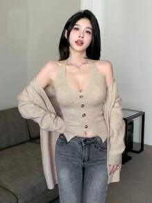 DAZY Set de 2 chaquetas de punto sin mangas de unicolor para mujer, ropa de otoño