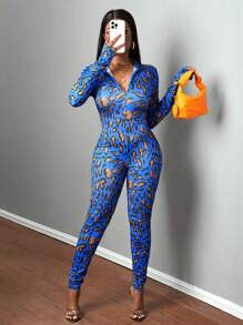 Slaydiva Tuta aderente da donna con scollo tondo, chiusura lampo, fantasia a patchwork leopardata